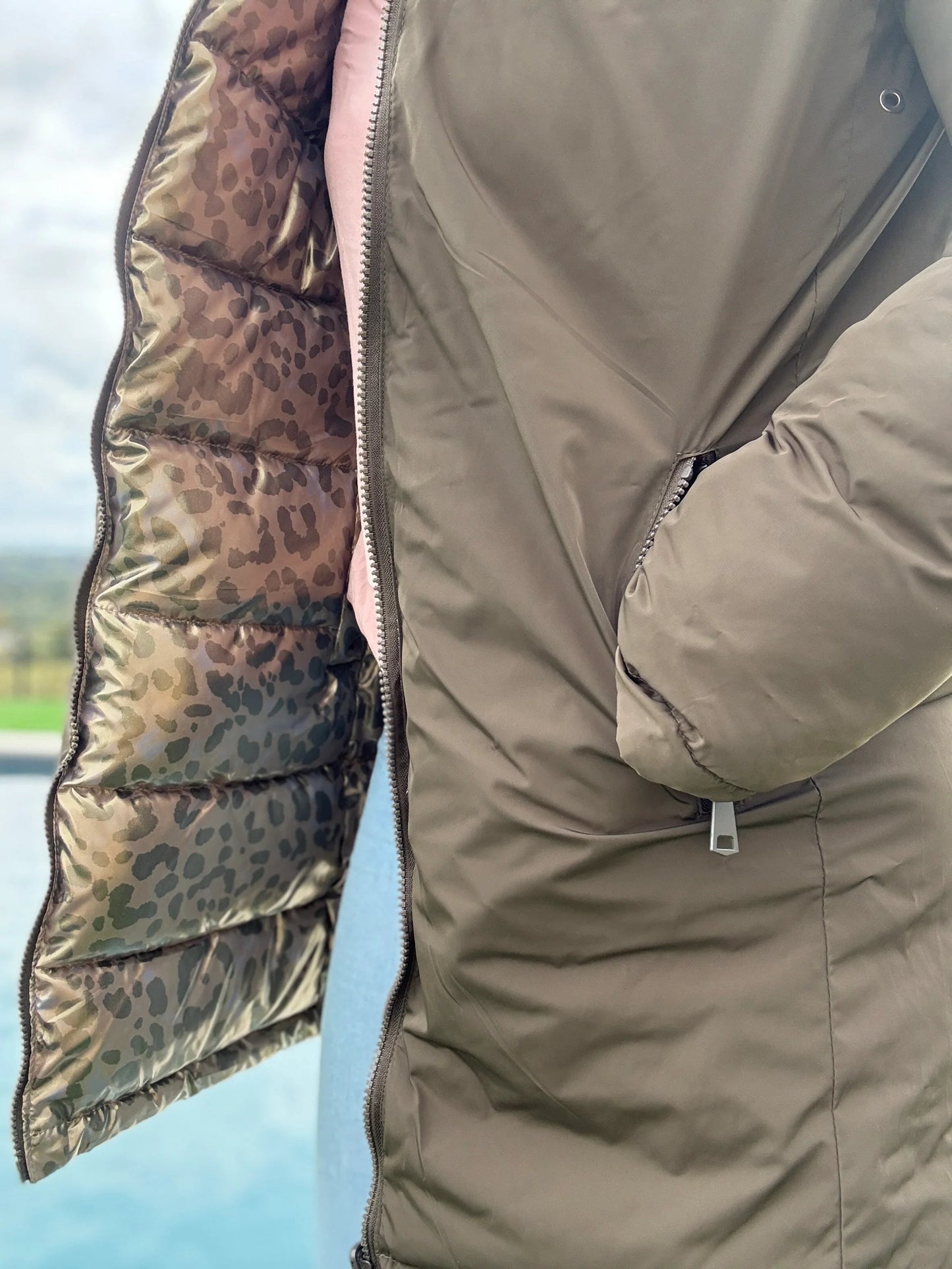 Melya Melody - Manteau long réversible et imperméable matelassé kaki marron/léopard Melya Melody