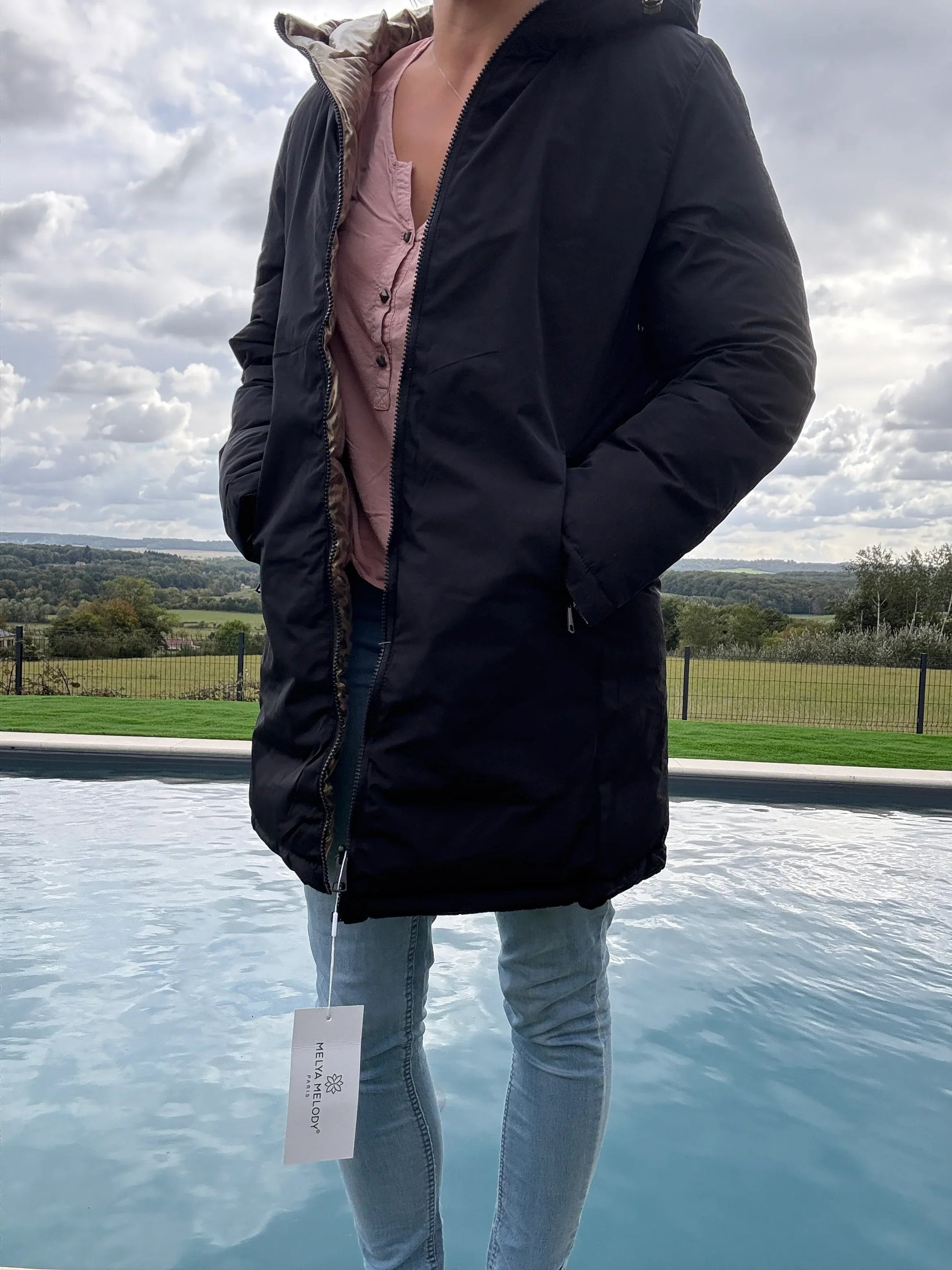Melya Melody - Manteau long réversible et imperméable matelassé noir/léopard Melya Melody