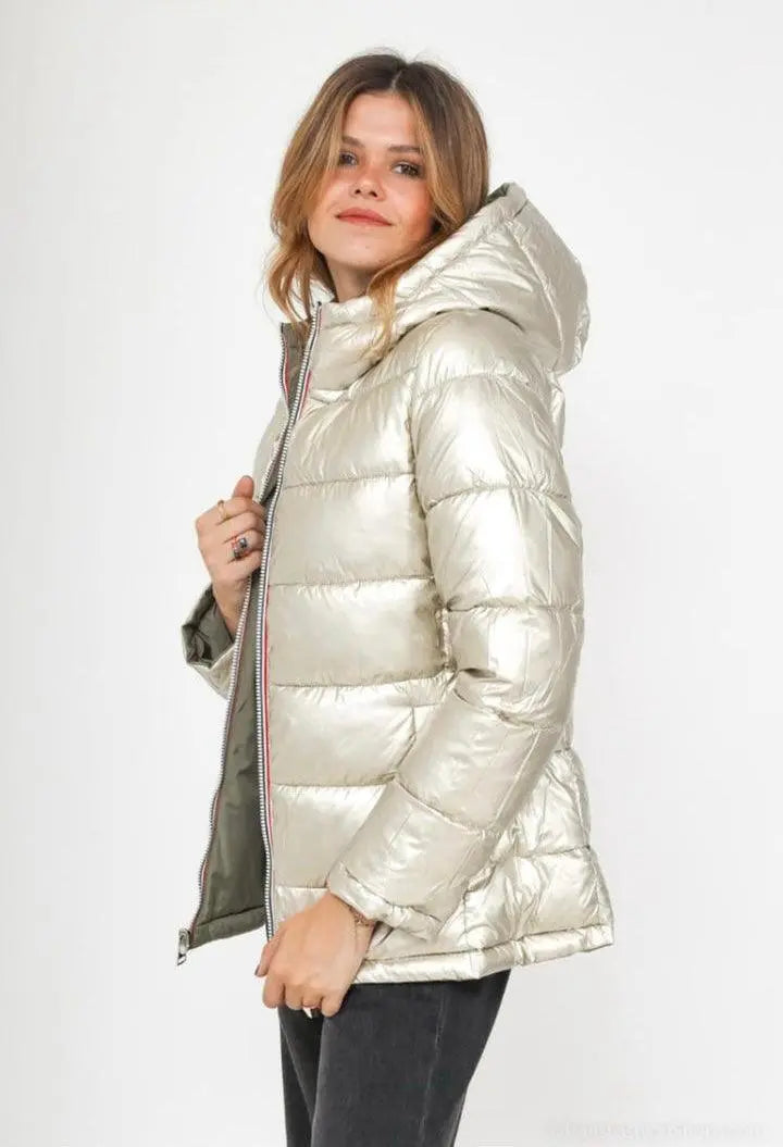 Manteau réversible imperméable Melya Melody pour femme, kaki et doré, affiché sur mannequin avec capuche et poches.