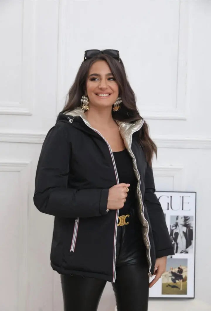 Melya Melody - Manteau court réversible et imperméable matelassé noir/doré Melya Melody
