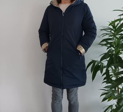 Melya Melody - Manteau long réversible et imperméable matelassé bleu marine/léopard - Le Petit Placard