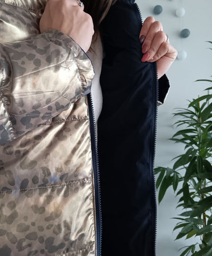 Melya Melody - Manteau long réversible et imperméable matelassé bleu marine/léopard - Le Petit Placard