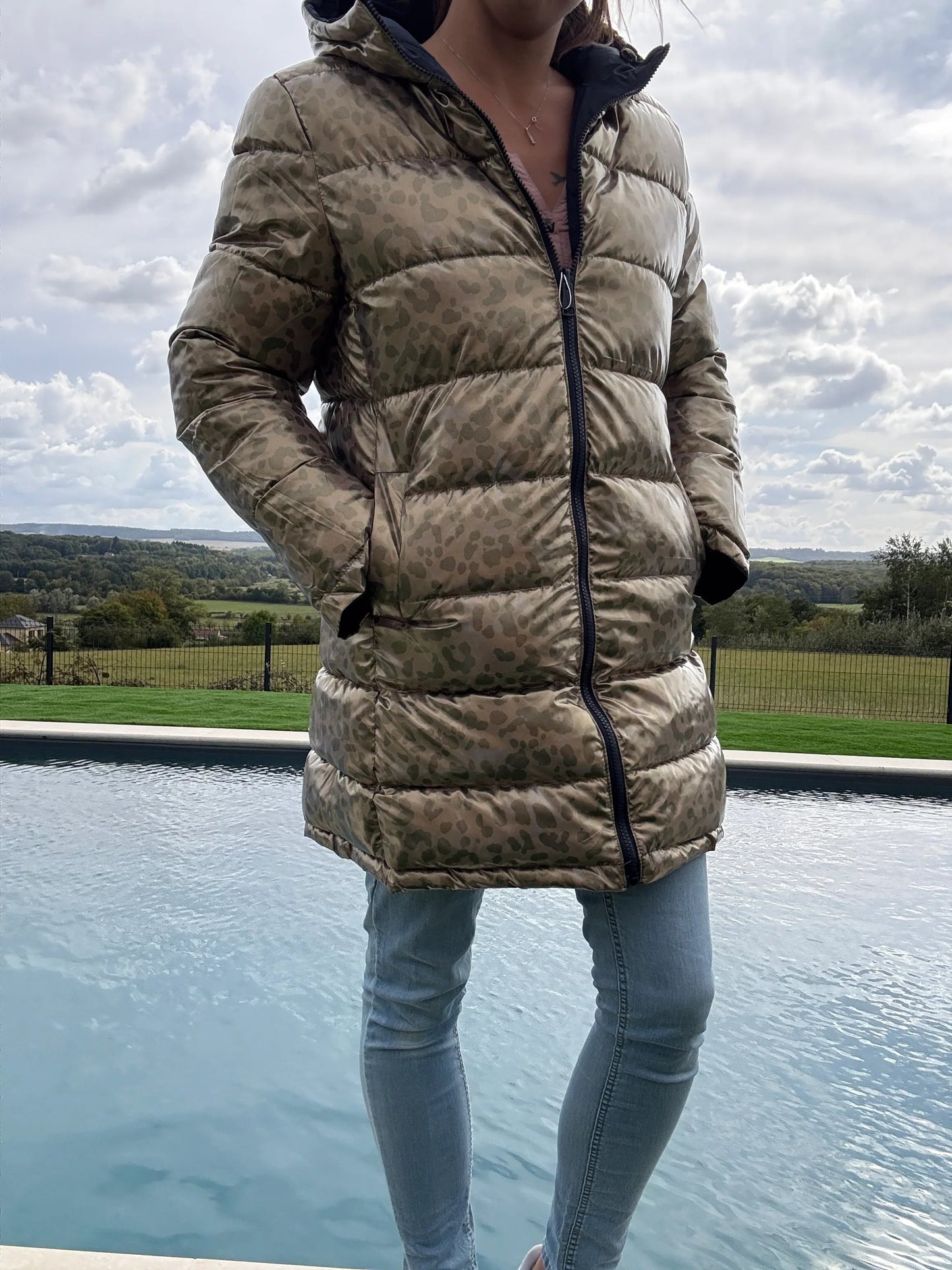 Melya Melody - Manteau long réversible et imperméable matelassé bleu marine/léopard Melya Melody