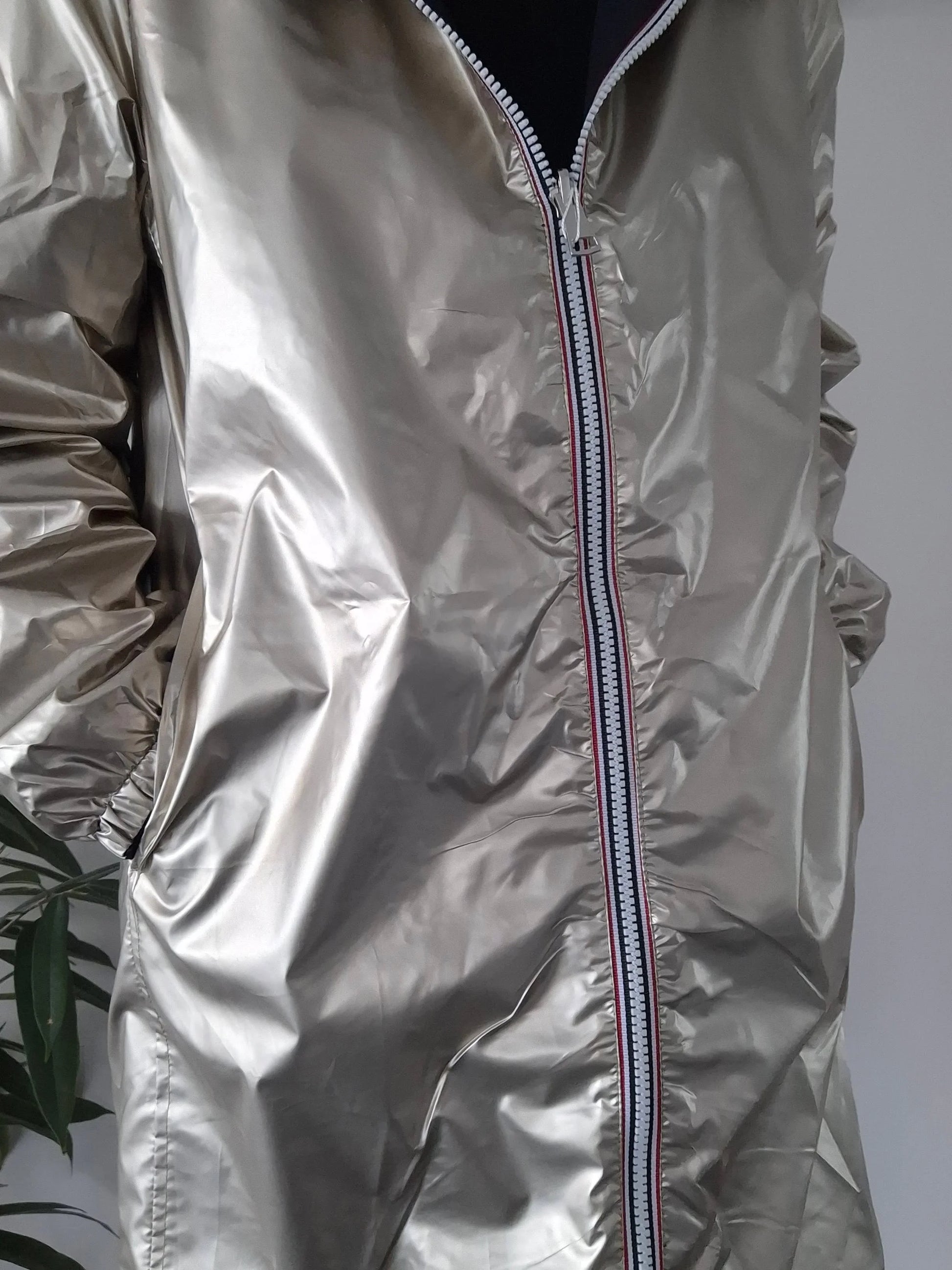 Shiny metallic Laura Jo raincoat with striped zipper, Le Petit Placard fashion