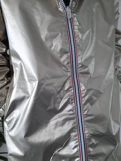 Close-up of silver Laura Jo raincoat with striped zipper, Le Petit Placard outerwear