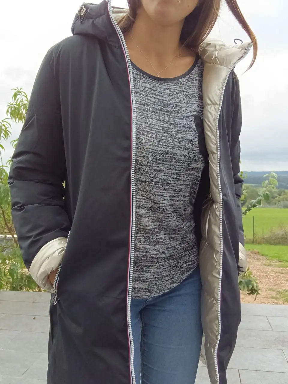 Melya Melody - Manteau long réversible et imperméable matelassé noir/doré - Curvy Melya Melody