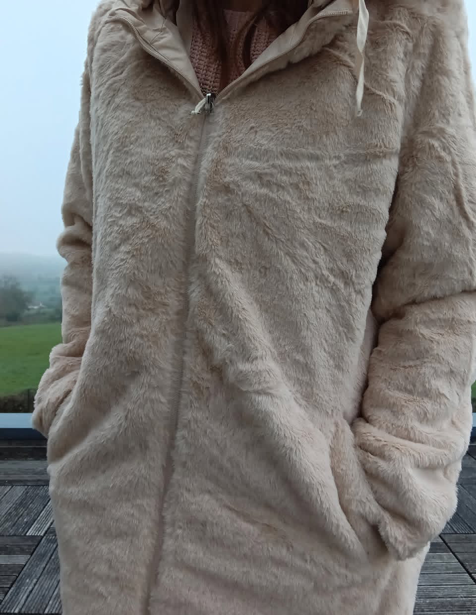 New Lolo - Manteau long BEIGE zip uni réversible imperméable et complètement fourré resserrable à la taille New lolo