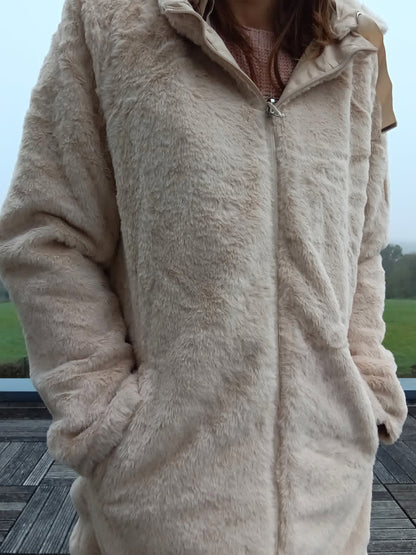 New Lolo - Manteau long BEIGE zip uni réversible imperméable et complètement fourré resserrable à la taille New lolo