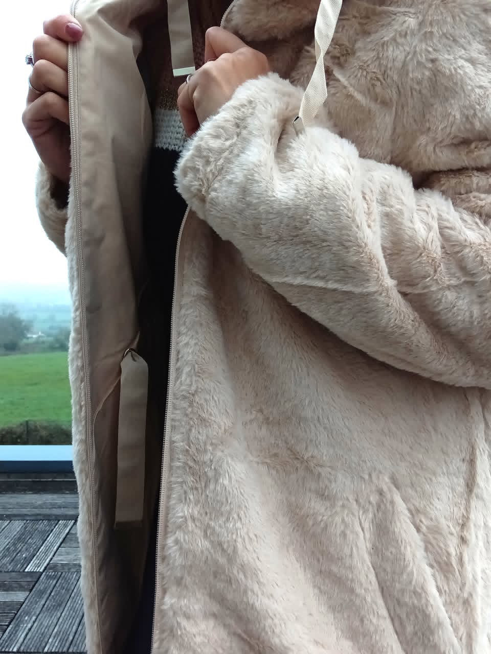 New Lolo - Manteau long BEIGE zip uni réversible imperméable et complètement fourré resserrable à la taille New lolo