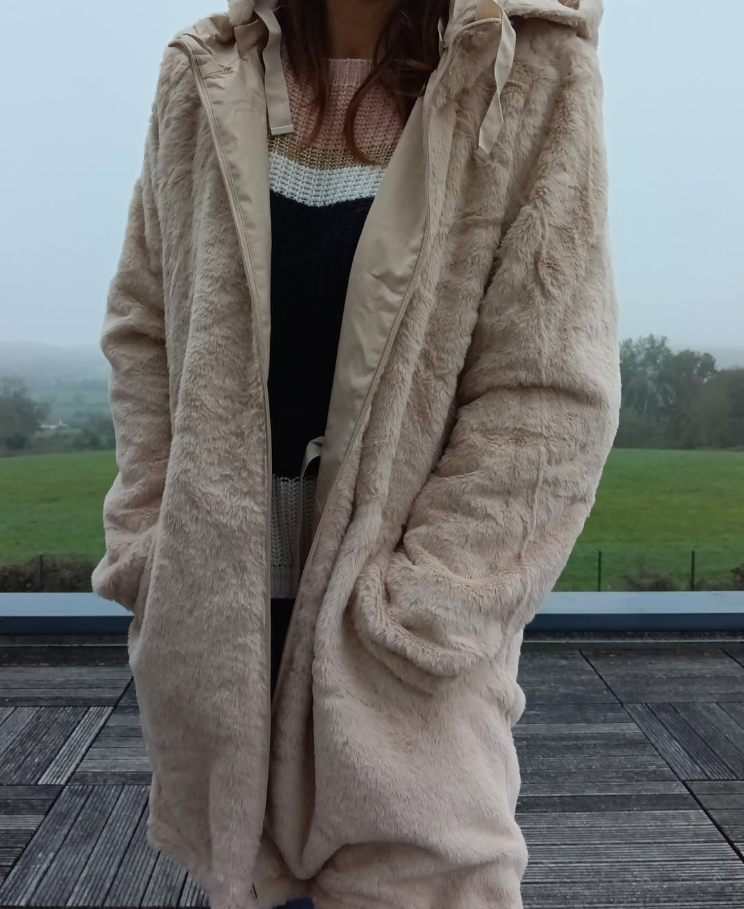 New Lolo - Manteau long BEIGE zip uni réversible imperméable et complètement fourré resserrable à la taille New lolo