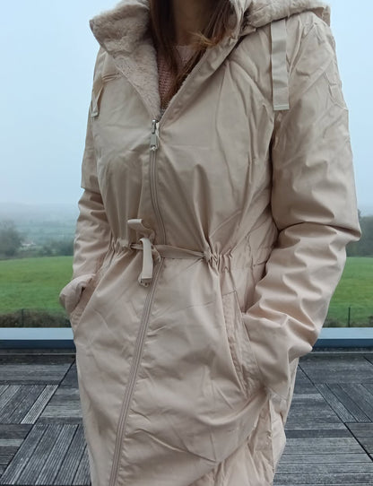 New Lolo - Manteau long BEIGE zip uni réversible imperméable et complètement fourré resserrable à la taille New lolo