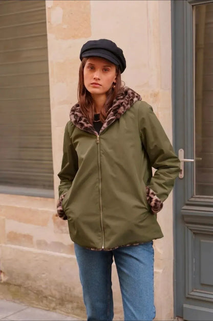Imperméable fourré réversible Kaki Léopard – Laura Jo