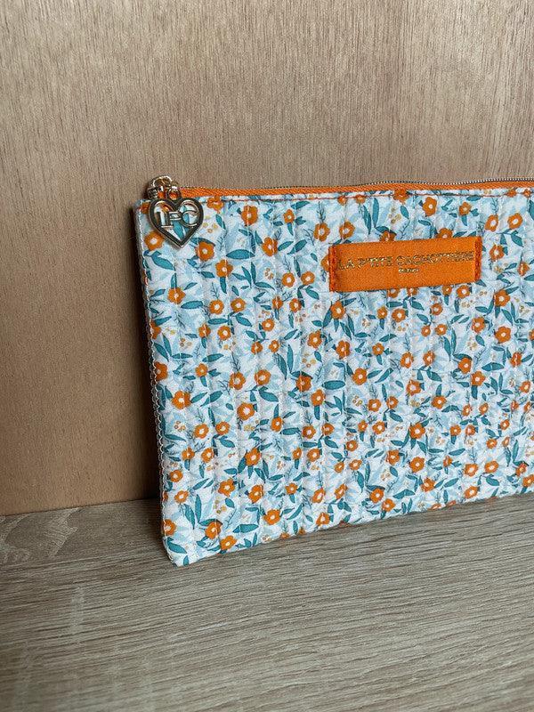 Pochette trousse porte monnaie coton matelassé liberty fleuri orange La Ptite Cachottiere - Le Petit Placard