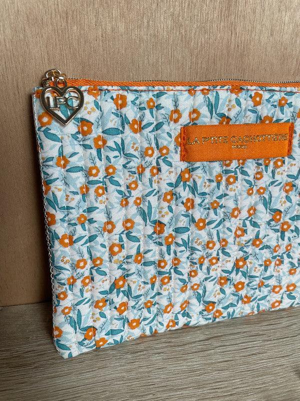 Pochette trousse porte monnaie coton matelassé liberty fleuri orange La Ptite Cachottiere - Le Petit Placard