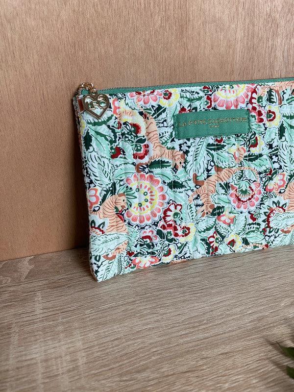 Pochette trousse porte monnaie coton matelassé liberty fleuri vert La Ptite Cachottiere - Le Petit Placard