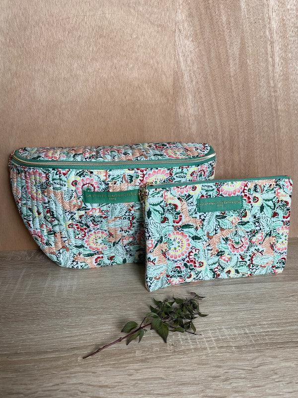 Pochette trousse porte monnaie coton matelassé liberty fleuri vert La Ptite Cachottiere - Le Petit Placard