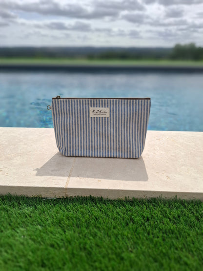 Pochette trousse en tissu imperméabilisé bleu marine et blanc