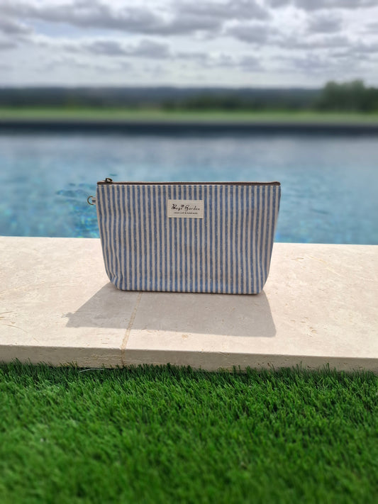 Pochette trousse en tissu imperméabilisé bleu marine et blanc