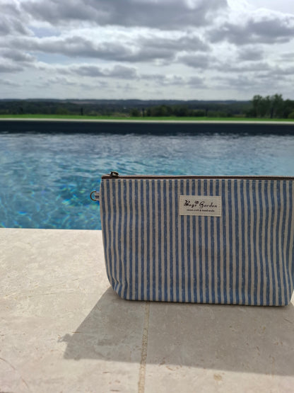 Pochette trousse en tissu imperméabilisé bleu marine et blanc
