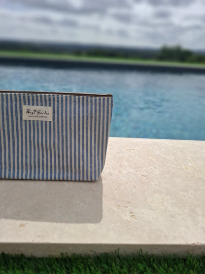 Pochette trousse en tissu imperméabilisé bleu marine et blanc