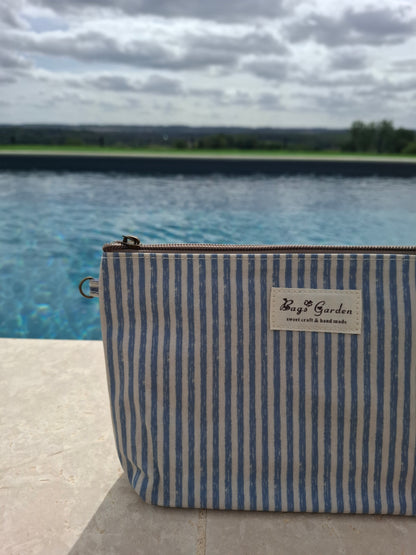 Pochette trousse en tissu imperméabilisé bleu marine et blanc