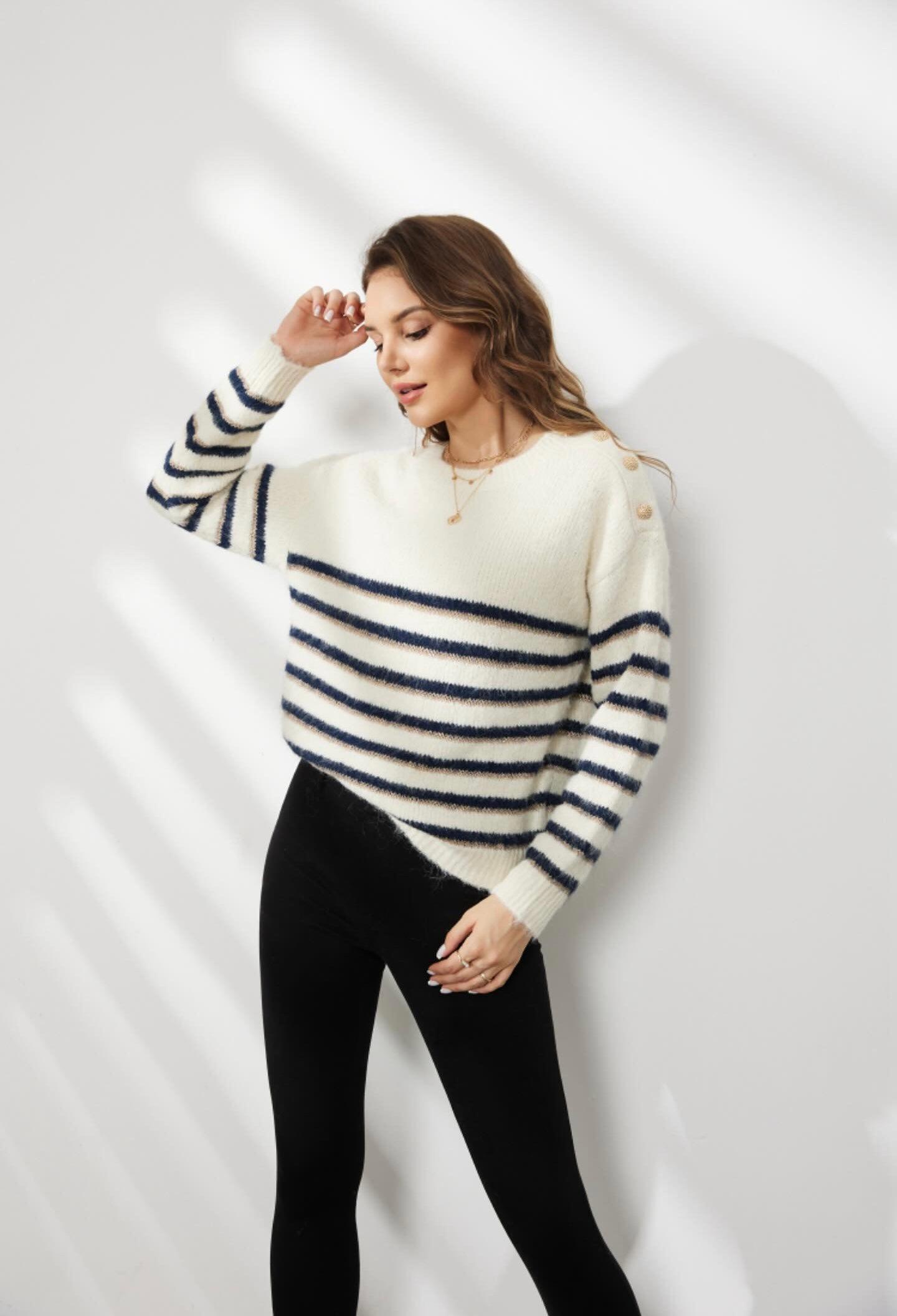 Pull fond blanc double rayures noir et doré - Le Petit Placard