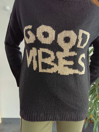 Pull mailles noir inscription “good vibes” doré - Le Petit Placard