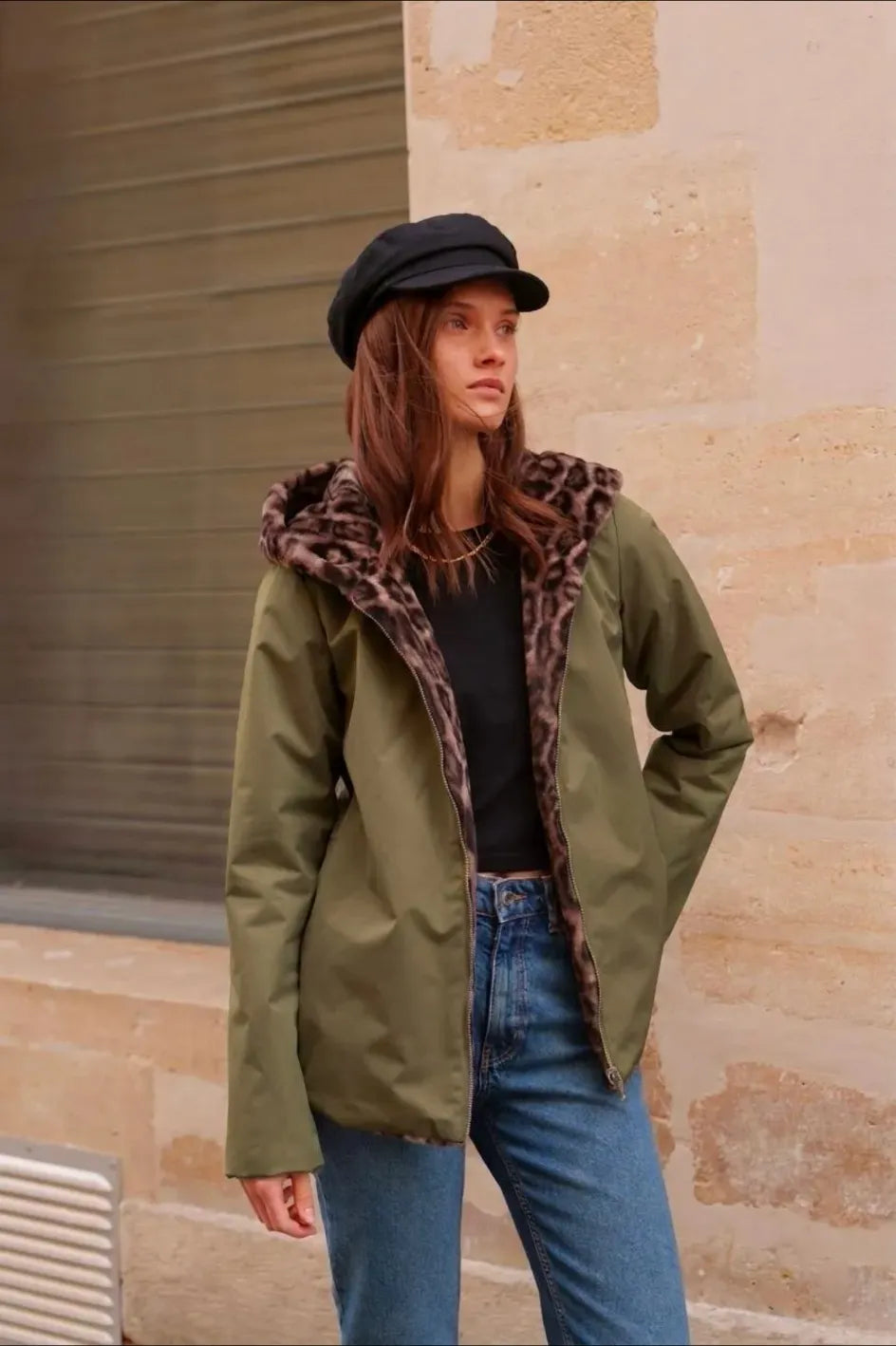 Imperméable fourré réversible Kaki Léopard – Laura Jo