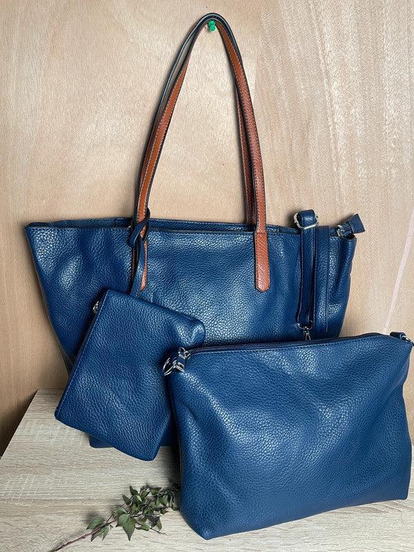 Sac à main 3 pieces simili cuir bleu marine avec porte monnaie et trousse et anses camel - Le Petit Placard