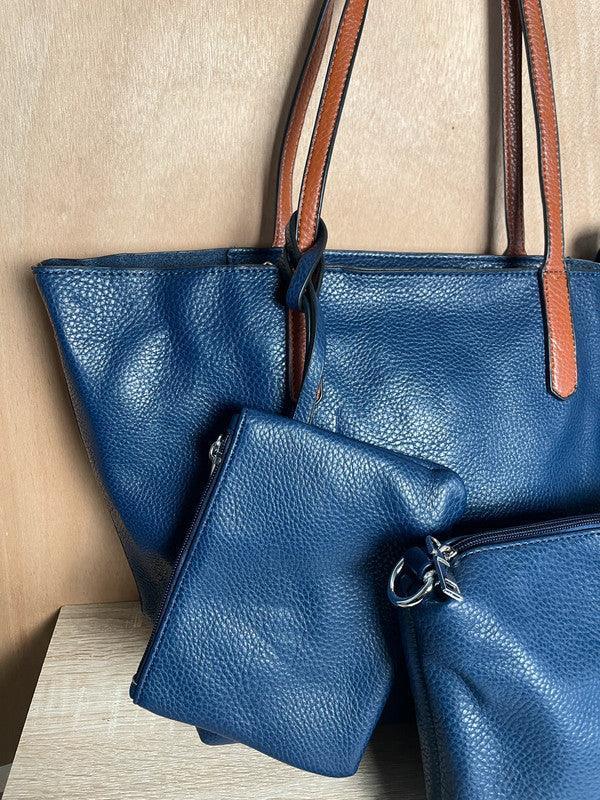 Sac à main 3 pieces simili cuir bleu marine avec porte monnaie et trousse et anses camel - Le Petit Placard