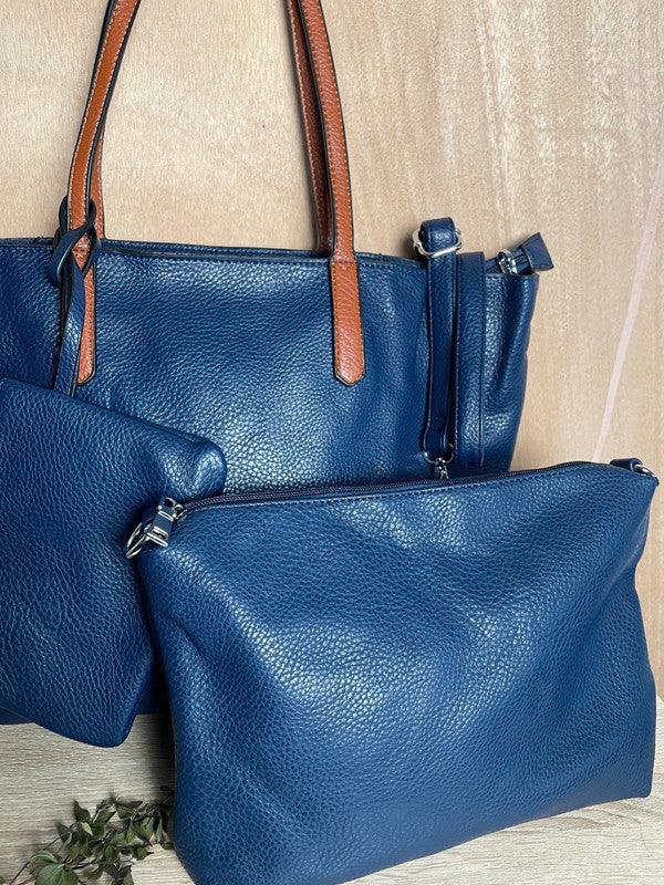 Sac à main 3 pieces simili cuir bleu marine avec porte monnaie et trousse et anses camel - Le Petit Placard