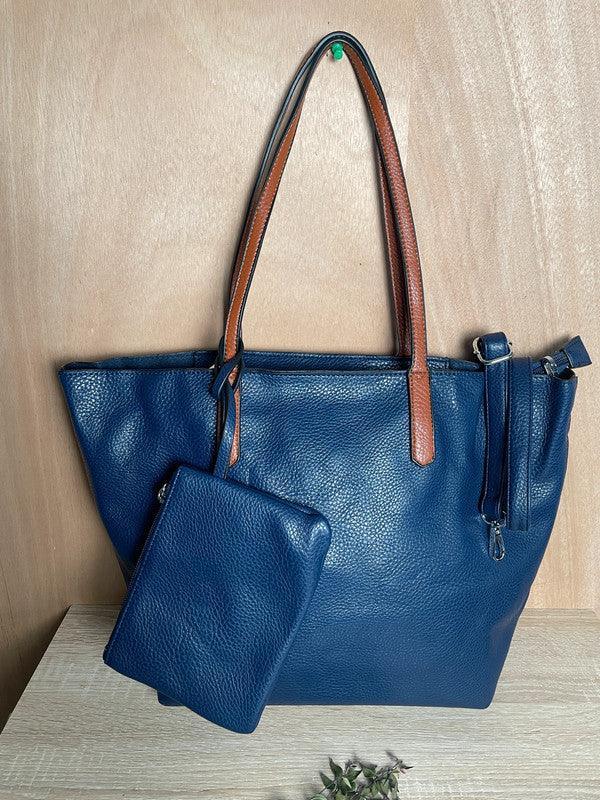 Sac à main 3 pieces simili cuir bleu marine avec porte monnaie et trousse et anses camel - Le Petit Placard