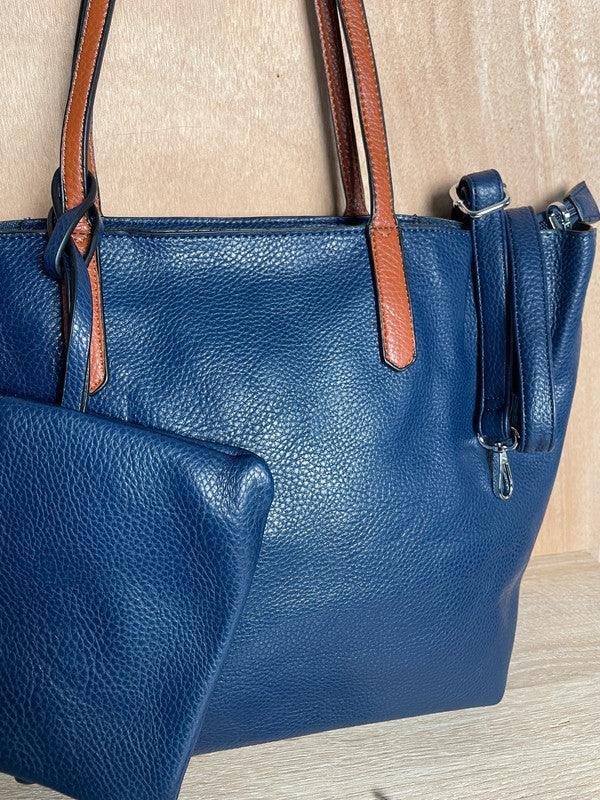 Sac à main 3 pieces simili cuir bleu marine avec porte monnaie et trousse et anses camel - Le Petit Placard