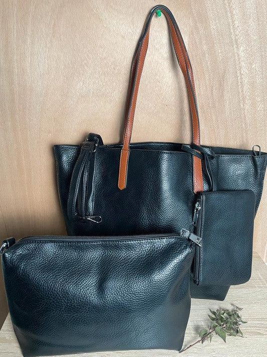 Sac à main 3 pieces simili cuir noir avec porte monnaie et trousse et anses camel - Le Petit Placard