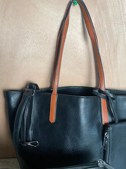 Sac à main 3 pieces simili cuir noir avec porte monnaie et trousse et anses camel - Le Petit Placard