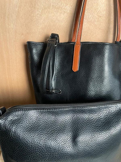 Sac à main 3 pieces simili cuir noir avec porte monnaie et trousse et anses camel - Le Petit Placard