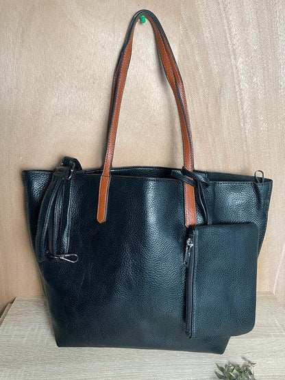 Sac à main 3 pieces simili cuir noir avec porte monnaie et trousse et anses camel - Le Petit Placard