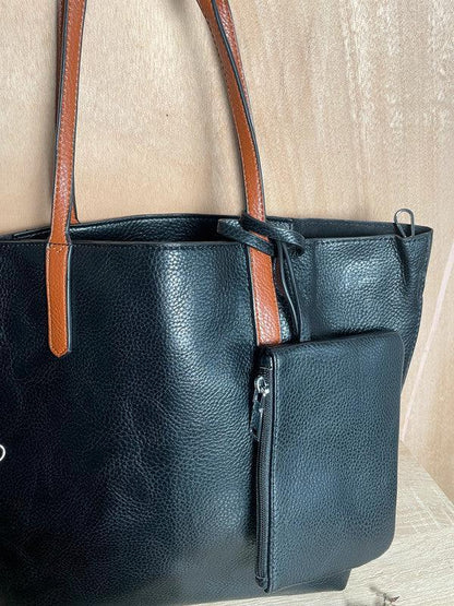 Sac à main 3 pieces simili cuir noir avec porte monnaie et trousse et anses camel - Le Petit Placard