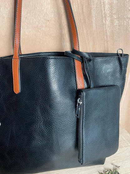 Sac à main 3 pieces simili cuir noir avec porte monnaie et trousse et anses camel - Le Petit Placard