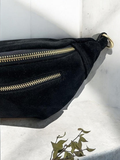 Sac banane croute de cuir velours 2 poches noir - Le Petit Placard