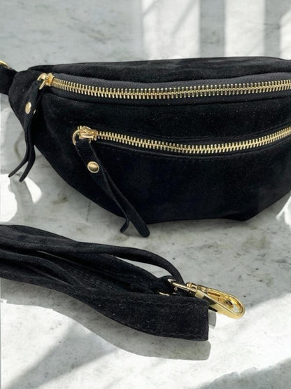 Sac banane croute de cuir velours 2 poches noir - Le Petit Placard