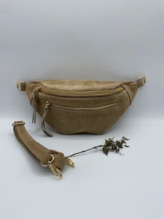 Sac banane cuir velours daim 2 poches beige taupe - Le Petit Placard