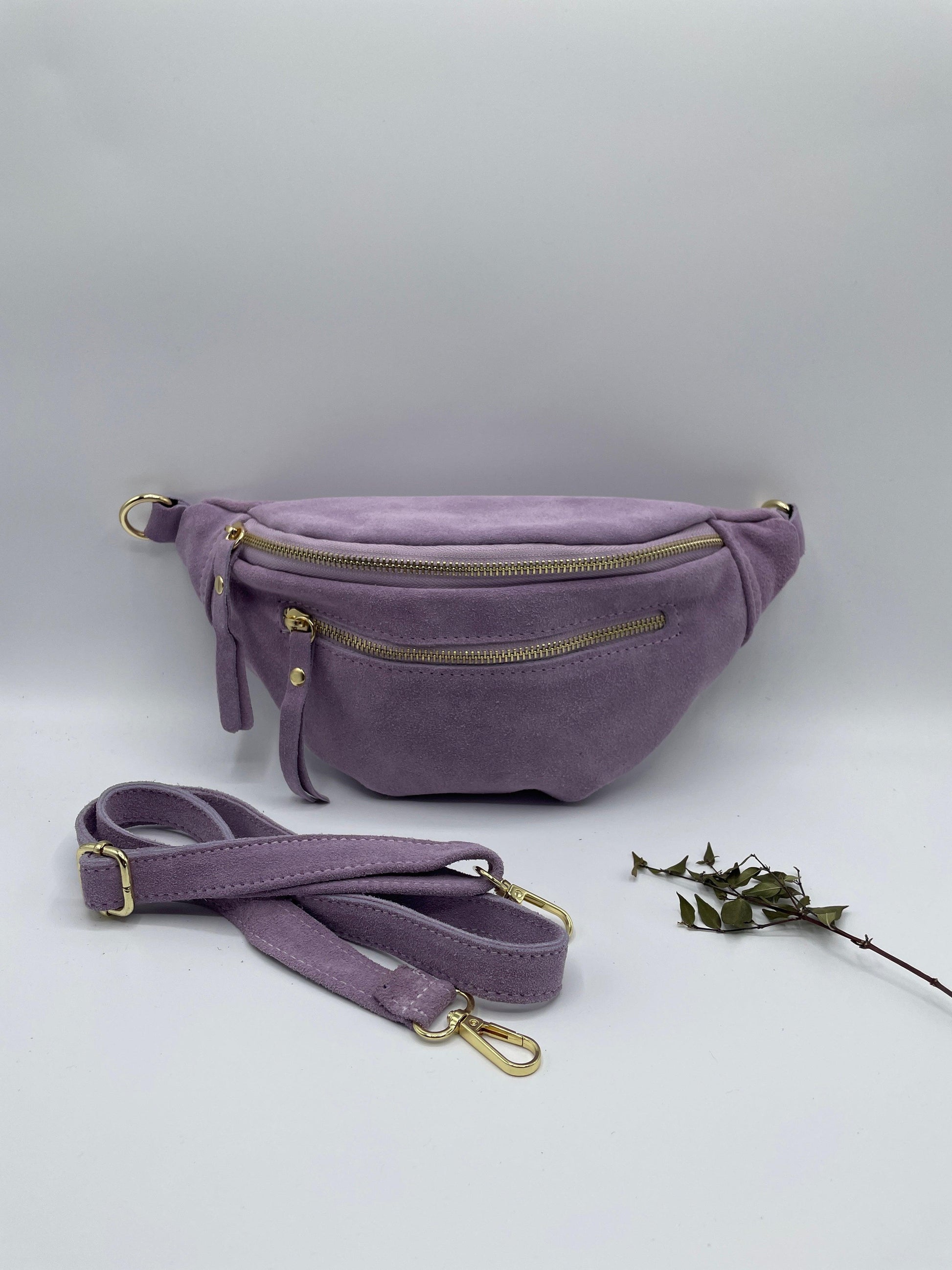 Sac banane cuir velours daim 2 poches lilas - Le Petit Placard