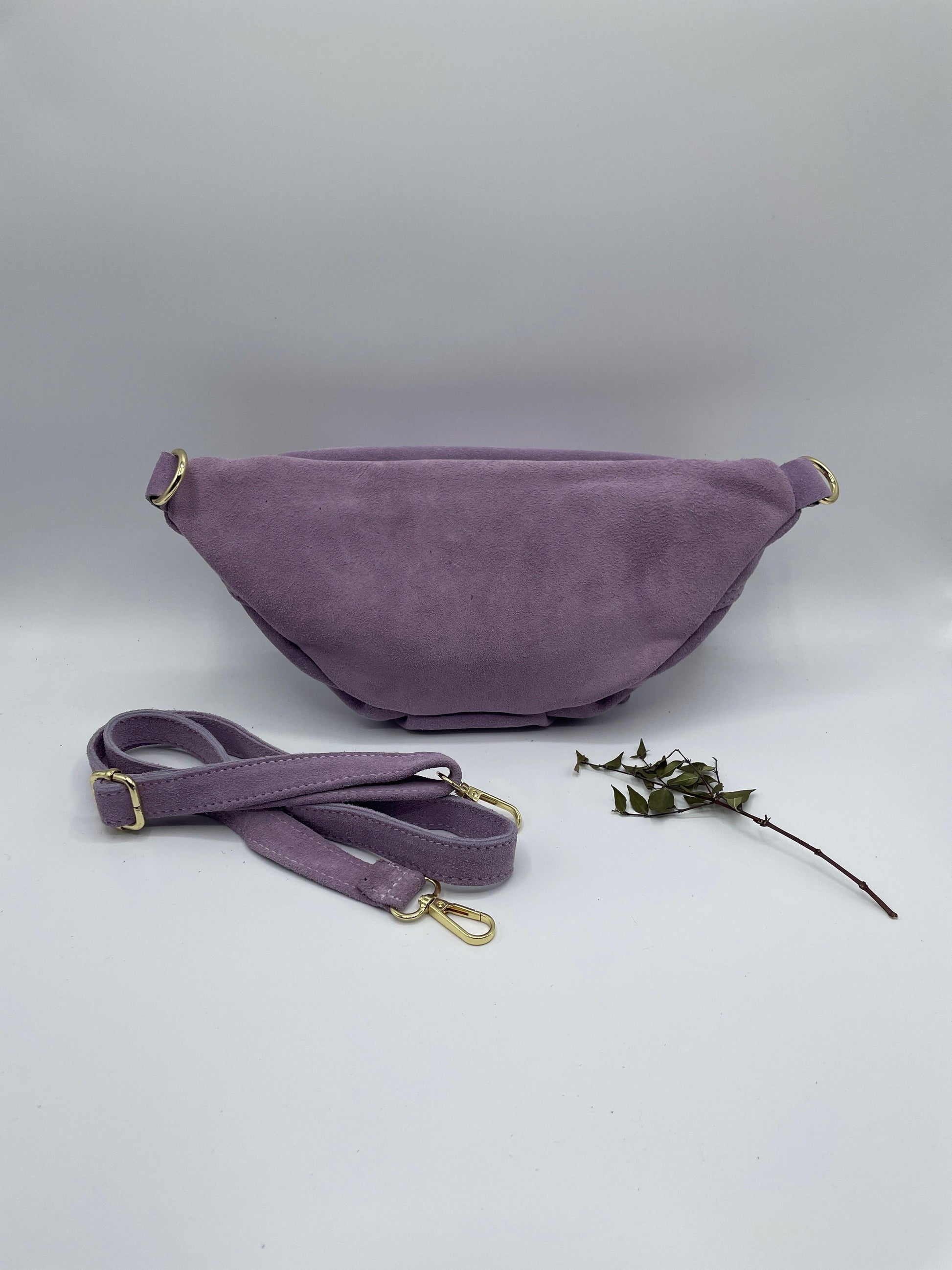 Sac banane cuir velours daim 2 poches lilas - Le Petit Placard