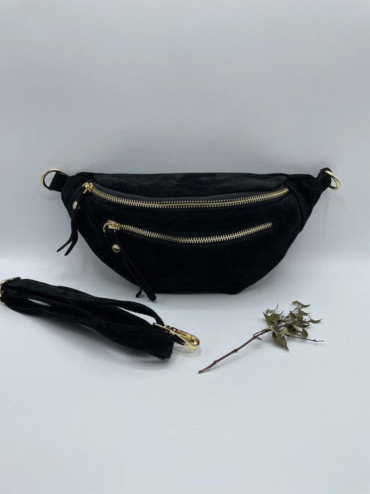 Sac banane cuir velours daim 2 poches noir - Le Petit Placard