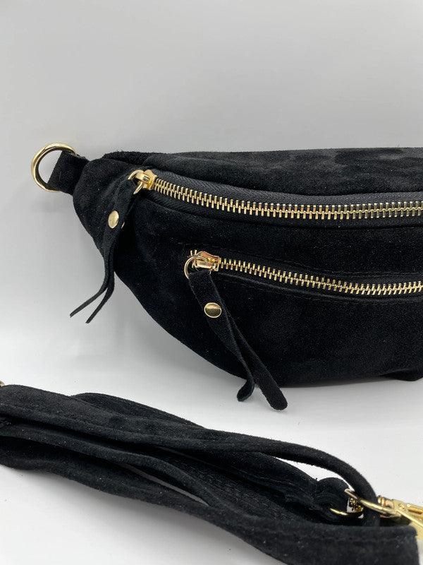 Sac banane cuir velours daim 2 poches noir - Le Petit Placard