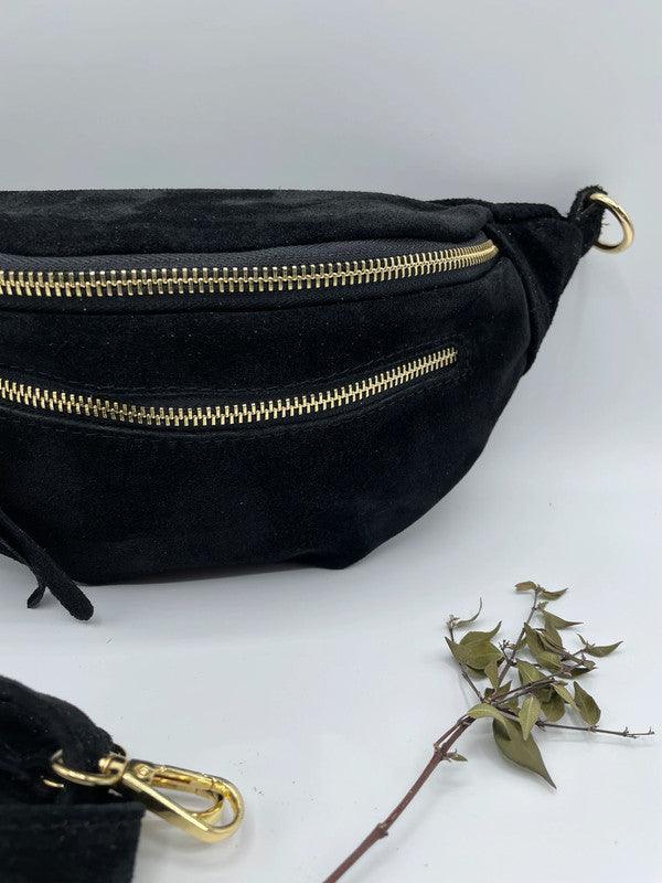 Sac banane cuir velours daim 2 poches noir - Le Petit Placard