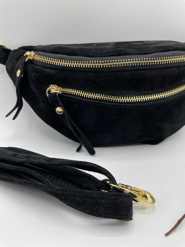 Sac banane cuir velours daim 2 poches noir - Le Petit Placard