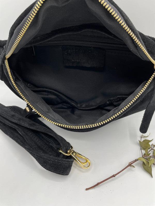 Sac banane cuir velours daim 2 poches noir - Le Petit Placard