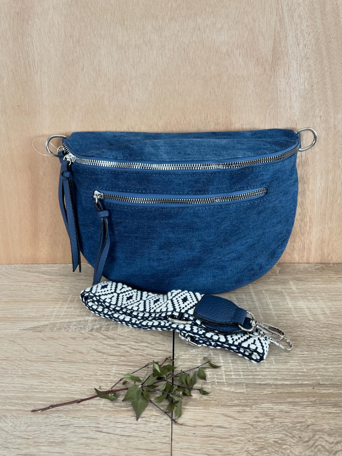 Sac banane en tissu jean bleu foncé 2 poches - Le Petit Placard